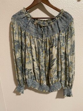Marchesa Voyage Smocked Off-Shoulder Floral Silk Blouse in Blue and Cream
